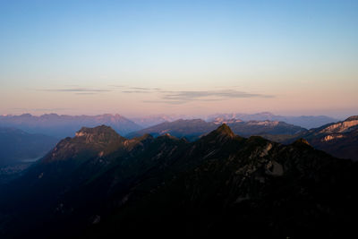 Scenic view of mountains against sky during sunset