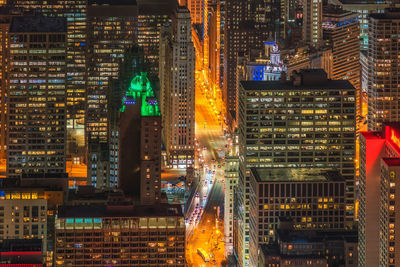 Closeup building of chicago cityscape and skyscraper at the night time, usa downtown 