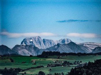 Scenic view of mountains against cloudy sky