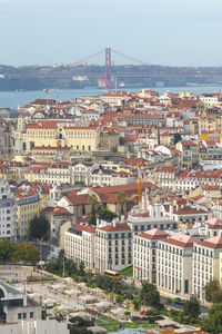 High angle view of city buildings