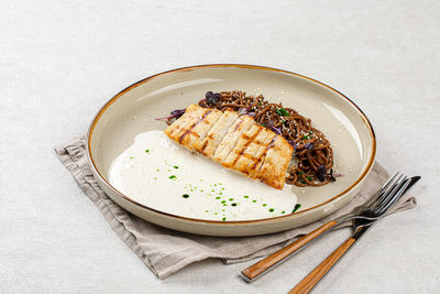 High angle view of food in plate on table