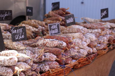 Close-up of sausages for sale at market stall