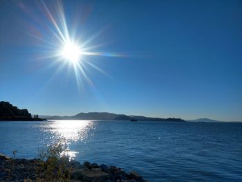 Scenic view of sea against blue sky on sunny day