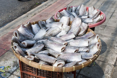 High angle view of fish for sale in market