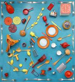 Various utensils on blue table