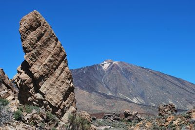 Scenic view of rocky mountains against clear blue sky