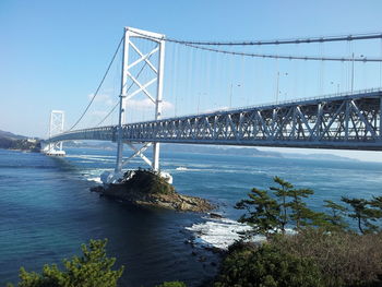 View of suspension bridge over river