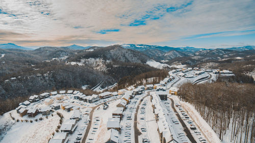 Aerial view of snowcapped mountains against sky