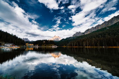 Scenic view of lake by trees against sky