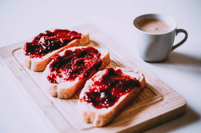 High angle view of breakfast served on table