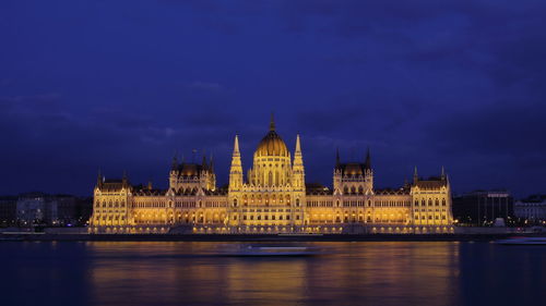 Illuminated hungarian parliament building against sky at night