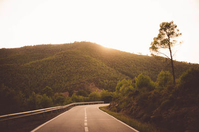 Empty road along landscape and trees against sky