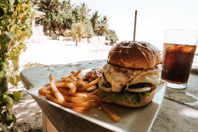 Close-up of burger on table