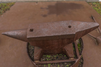 High angle view of old rusty metal