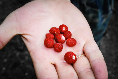 Close-up of hand holding strawberry