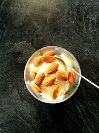 High angle view of dessert in bowl on table