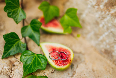 High angle view of fruits on table