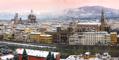 High angle view of townscape against sky during winter