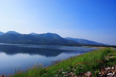 Scenic view of lake and mountains against clear blue sky