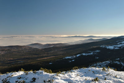 Scenic view of mountains against clear sky during winter