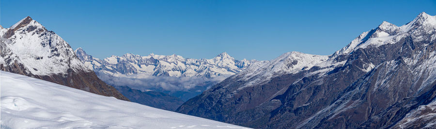 Panoramic view of snowcapped mountains against clear blue sky