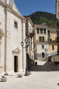 Man walking in front of historic building