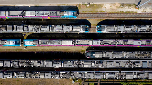 Aerial view of trains in city