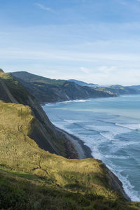 Scenic view of sea and mountains against sky