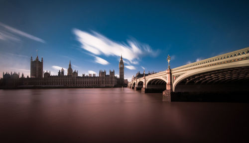 Bridge over river with city in background