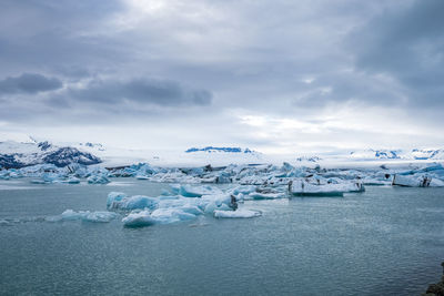 Beautiful icebergs floating in jokulsarlon glacier lagoon in polar climate