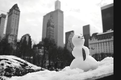 Close-up of statue against snow in city
