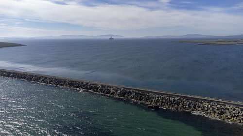 An aerial view of the churchill barriers in orkney, scotland, uk