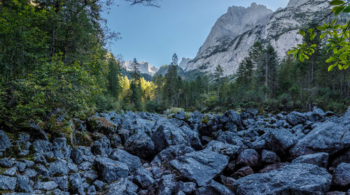 Scenic view of rocky mountains against clear sky