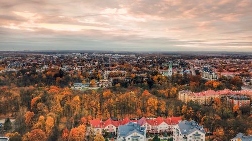 High angle view of townscape against sky during autumn