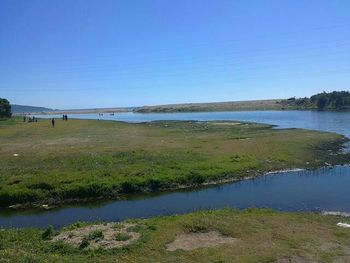 Scenic view of calm lake against blue sky