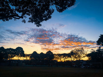 Silhouette trees on field against sky during sunset