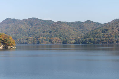 Scenic view of river by mountains against clear sky