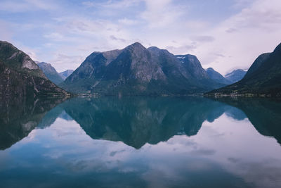 Scenic view of lake and mountains against sky