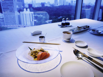 High angle view of food on table in restaurant