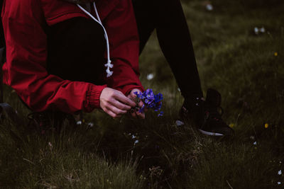 Low section of woman picking flowers while sitting on grassy field
