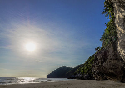 Scenic view of sea and mountains against sky