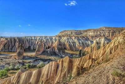 Panoramic view of rock formations against blue sky
