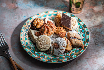 High angle view of breakfast served on table