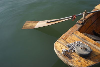 High angle view of boat moored in lake