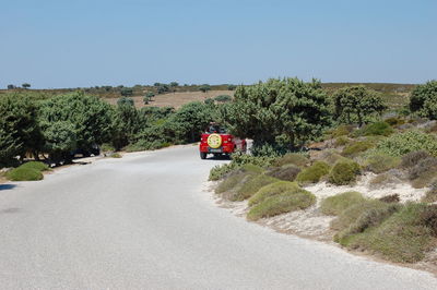 Rear view of vehicles on road against clear sky