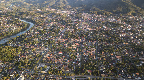 Aerial view of townscape against clear sky