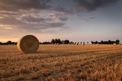 Hay bales on field against sky during sunset