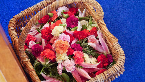 High angle view of flower bouquet in basket