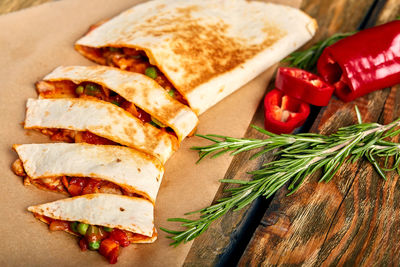 High angle view of meal served on table