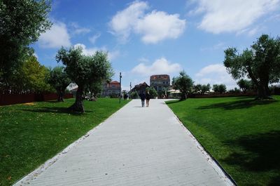 People walking on grass by trees against sky